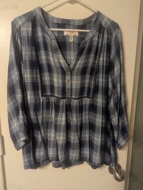 Wrangler Blue Plaid Button-Front Peasant Top